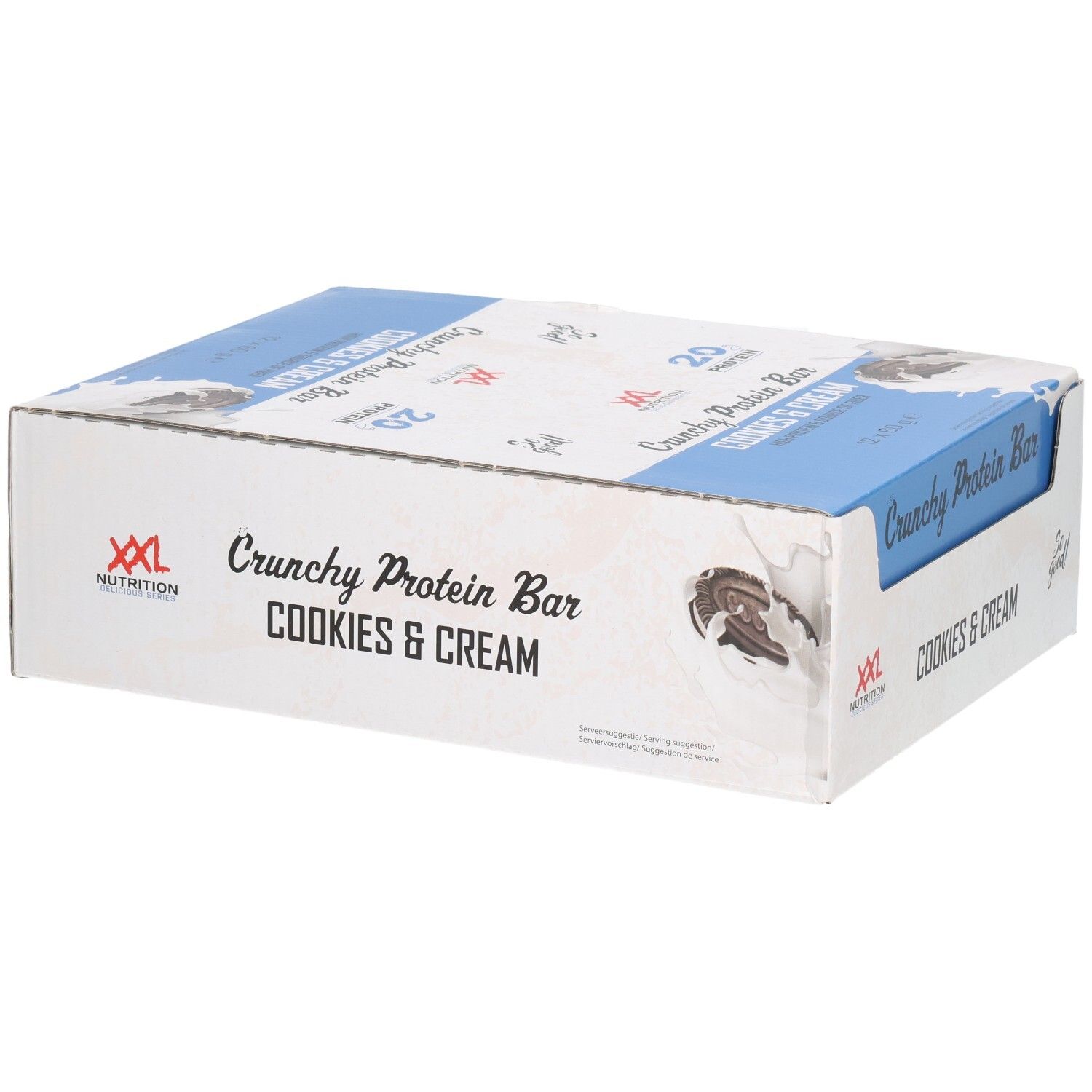 Kartonverpackung mit Crunchy Protein Bar Cookies & Cream. Blaue und weiße Aufmachung. XXL Nutrition Logo.