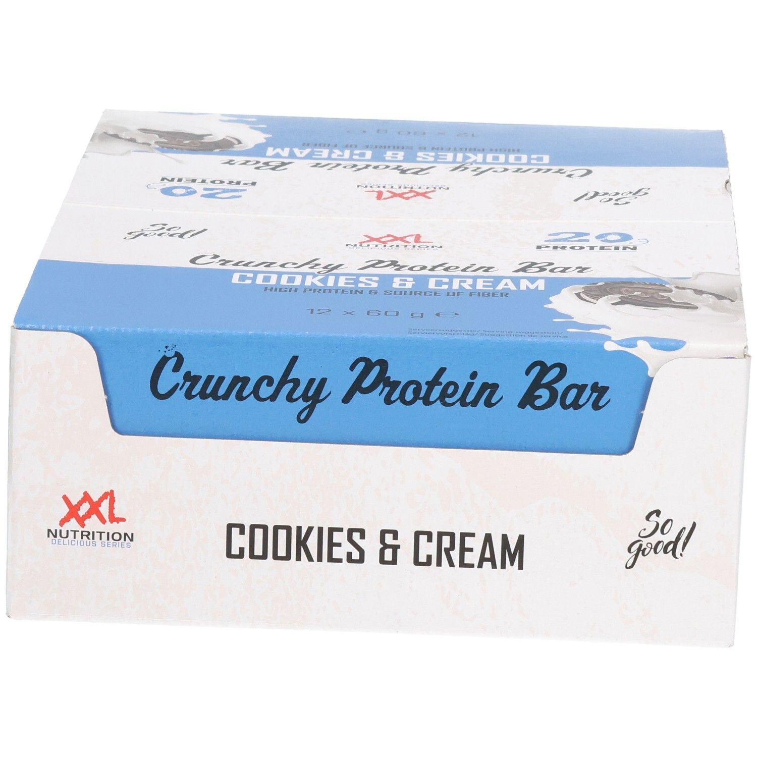 Kartonverpackung mit Crunchy Protein Bar Cookies & Cream. Blaue und weiße Aufmachung. XXL Nutrition Logo.