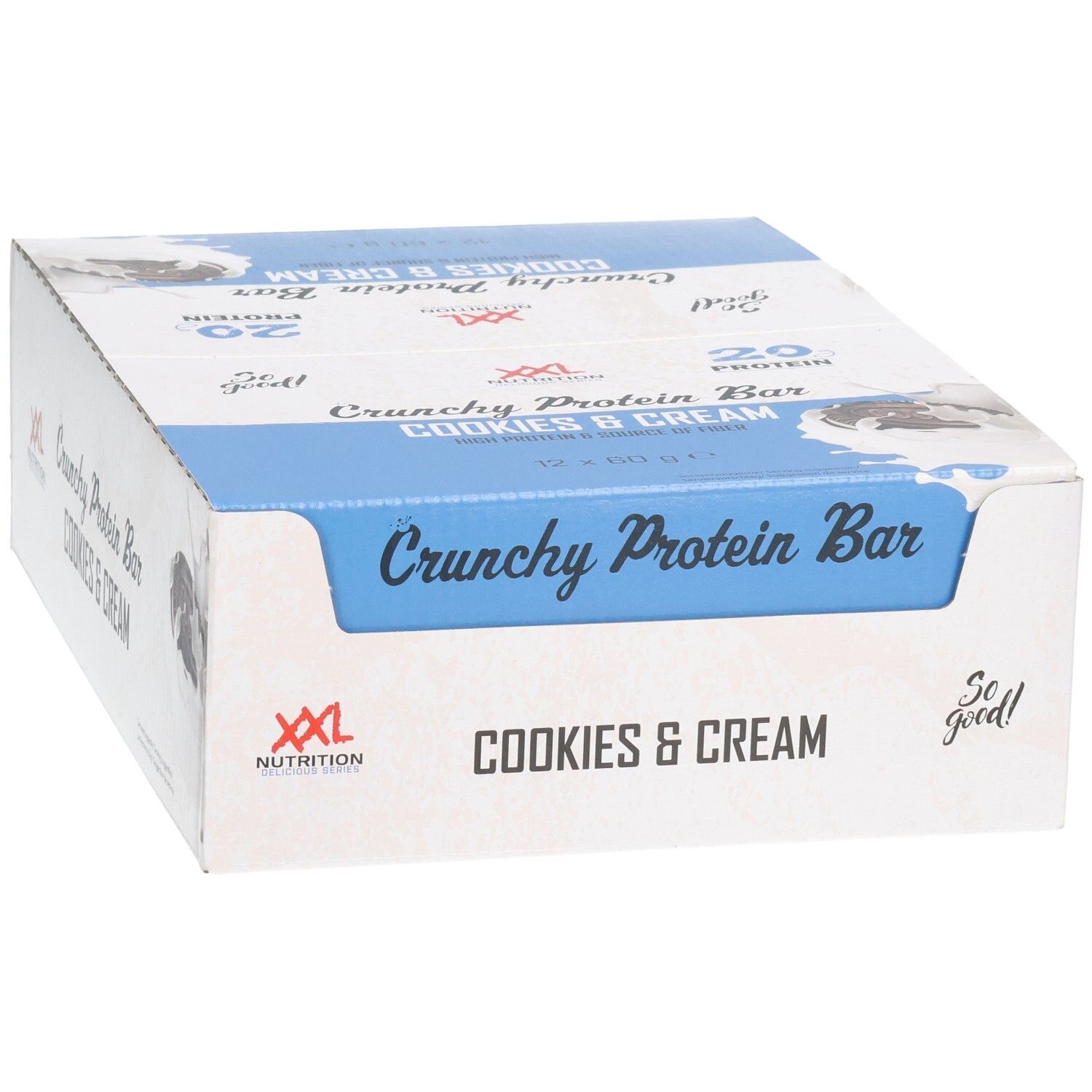 Kartonverpackung mit Crunchy Protein Bar Cookies & Cream. Blaue und weiße Aufmachung. XXL Nutrition Logo.