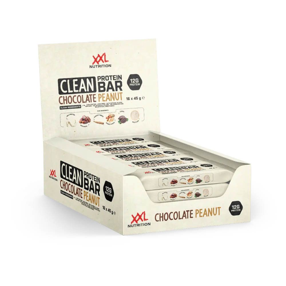 Boîte ouverte de Clean Protein Bars, saveur Chocolat Cacahuètes. 16 barres. Logo XXL Nutrition.