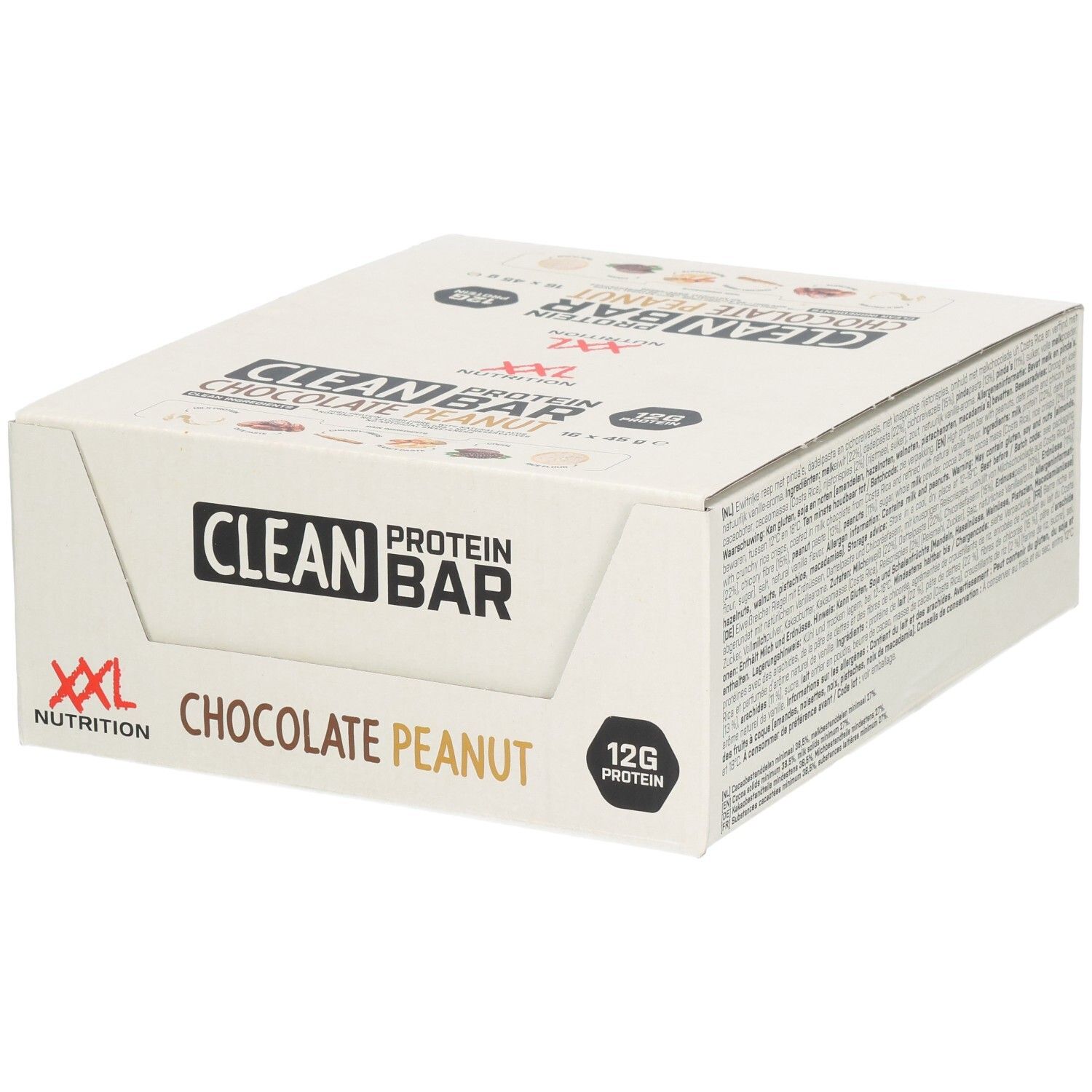 Karton mit Clean Protein Bar, Sorte Chocolate Peanut. 12g Protein. XXL Nutrition Logo.