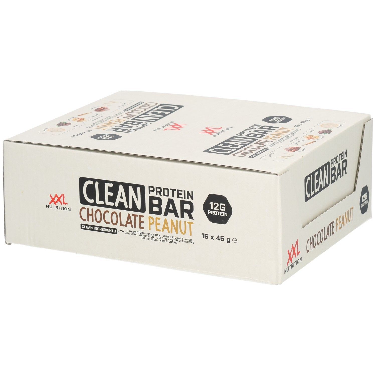 Karton Clean Protein Bar, Sorte Chocolate Peanut. 16 Riegel à 45g. 12g Protein. XXL Nutrition Logo.