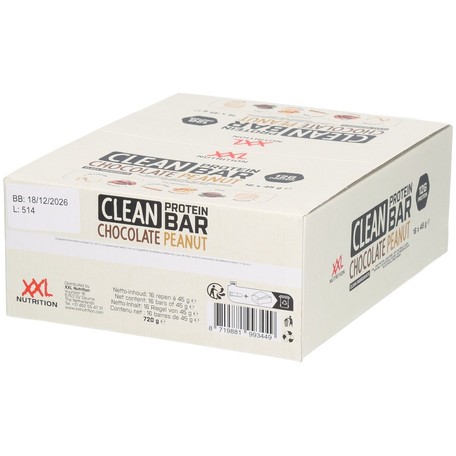 Karton Clean Protein Bar, Sorte Chocolate Peanut. MHD 18/12/2026. 16 Riegel à 45g. XXL Nutrition Logo.