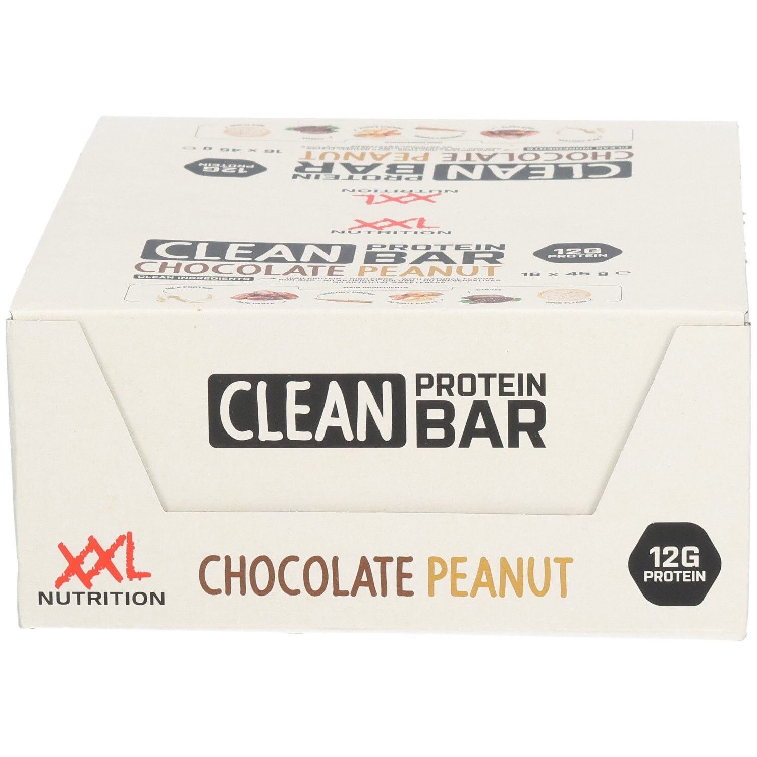 Karton Clean Protein Bar, Sorte Chocolate Peanut. 12g Protein. XXL Nutrition Logo.