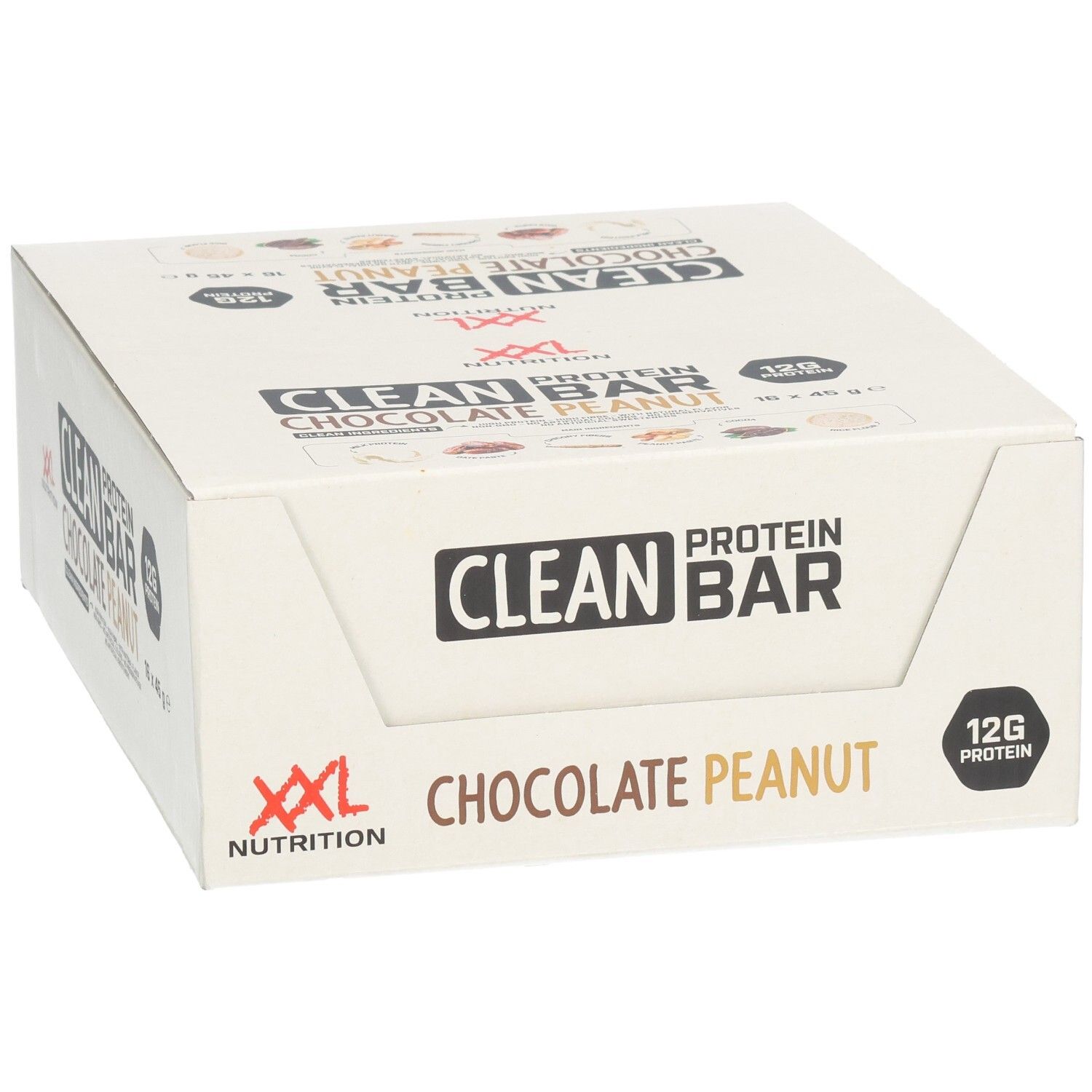 Karton Clean Protein Bar, Sorte Chocolate Peanut. 12g Protein. XXL Nutrition Logo.