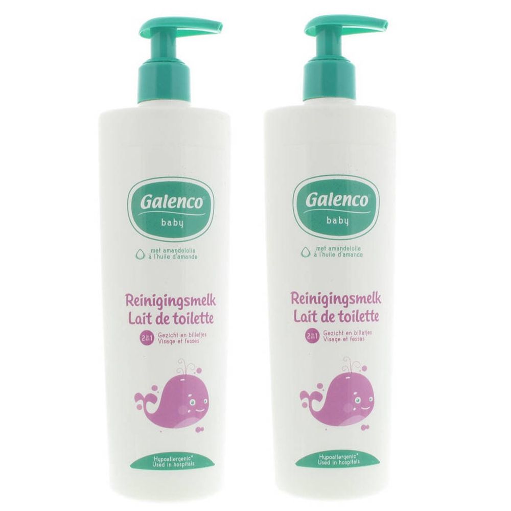 Zwei weiße Flaschen mit grünem Pumpkopf. Aufschrift Galenco baby, Reinigungsmilch, 2 in 1. Abbildung eines lila Wals.