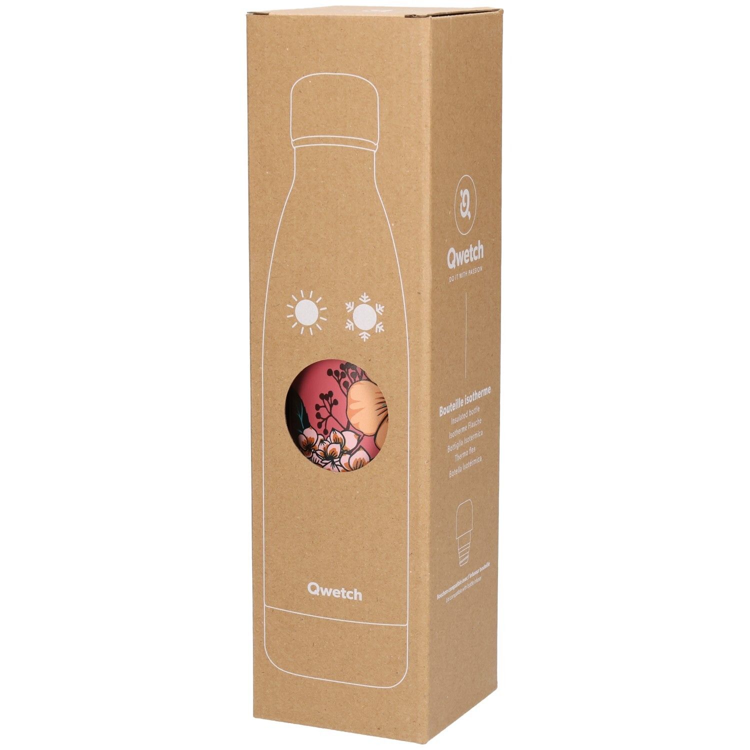 Kartonverpackung mit Umriss einer Thermosflasche. Sichtfenster zeigt floral bedruckte Flasche. Qwetch-Logo unten.