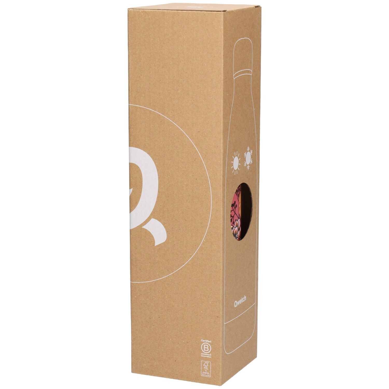 Kartonverpackung mit Loch, zeigt floral bedruckte Flasche. Qwetch-Logo und weitere Logos auf der Seite.