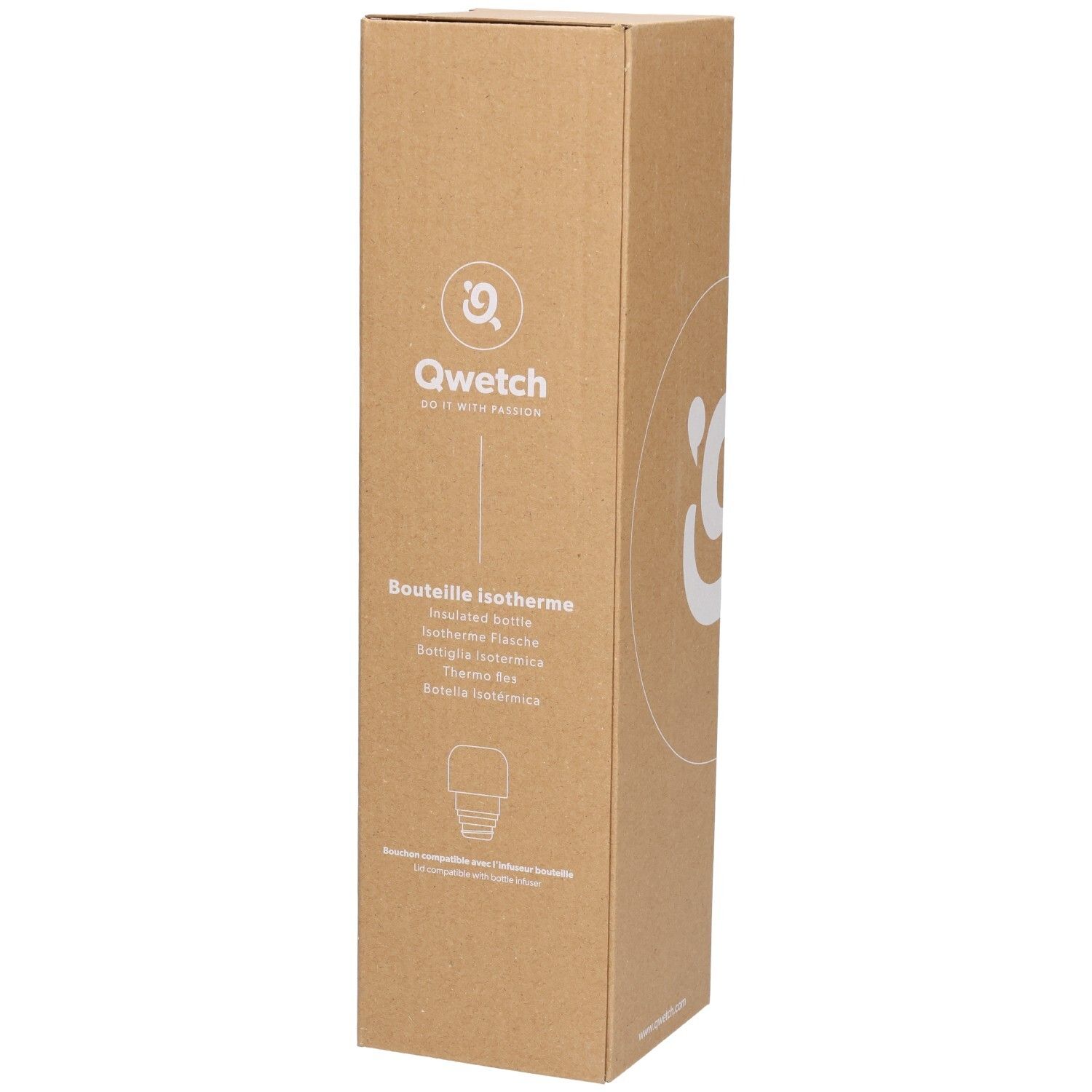 Kartonverpackung mit Qwetch-Logo und Produktbezeichnung. Text in mehreren Sprachen. Darstellung einer Flasche.