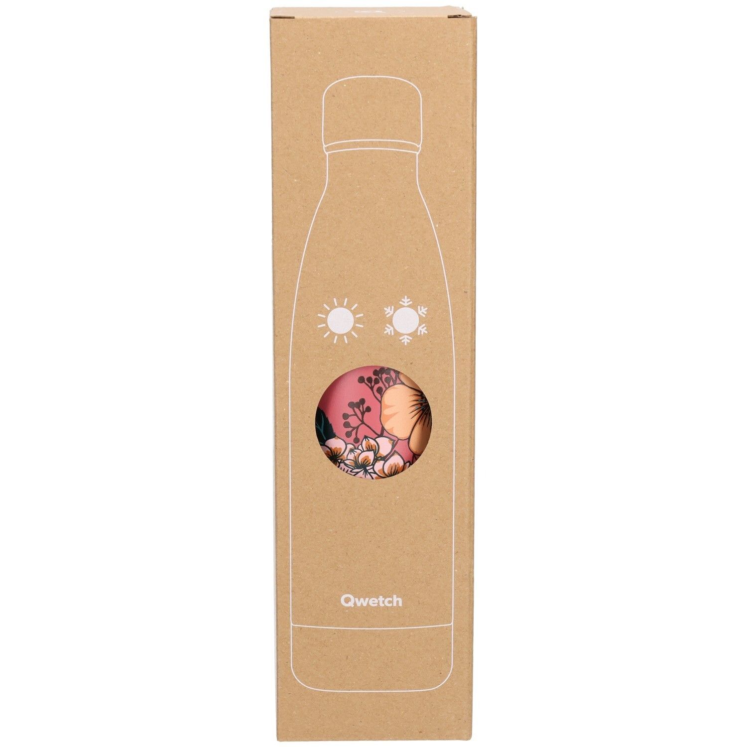 Kartonverpackung mit Umriss einer Thermosflasche. Sichtfenster zeigt floral bedruckte Flasche. Qwetch-Logo unten.