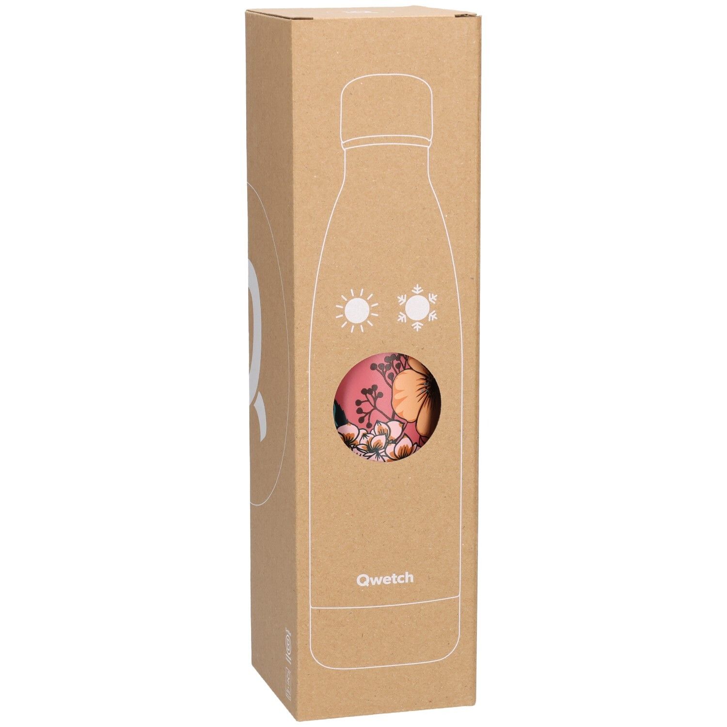 Kartonverpackung mit Umriss einer Thermosflasche. Sichtfenster zeigt floral bedruckte Flasche. Qwetch-Logo unten.