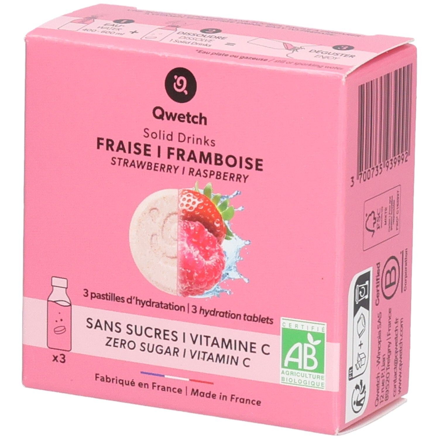 Rosa Karton mit Qwetch Solid Drinks. Erdbeer-Himbeer-Geschmack. 3 Tabletten. Ohne Zucker, Vitamin C. AB-Zertifizierung.