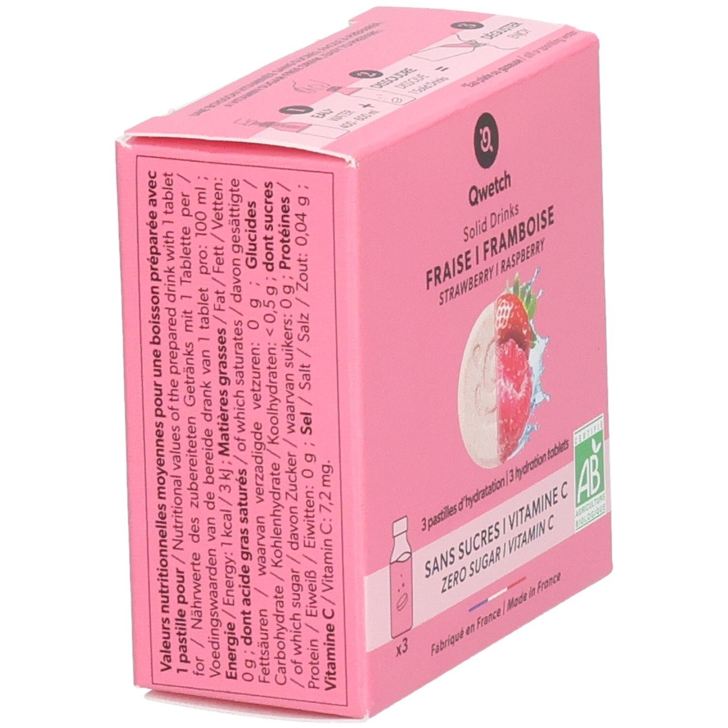 Rosa Karton mit Qwetch Solid Drinks. Text mit Nährwertangaben. Erdbeer-Himbeer-Geschmack. Ohne Zucker, Vitamin C.