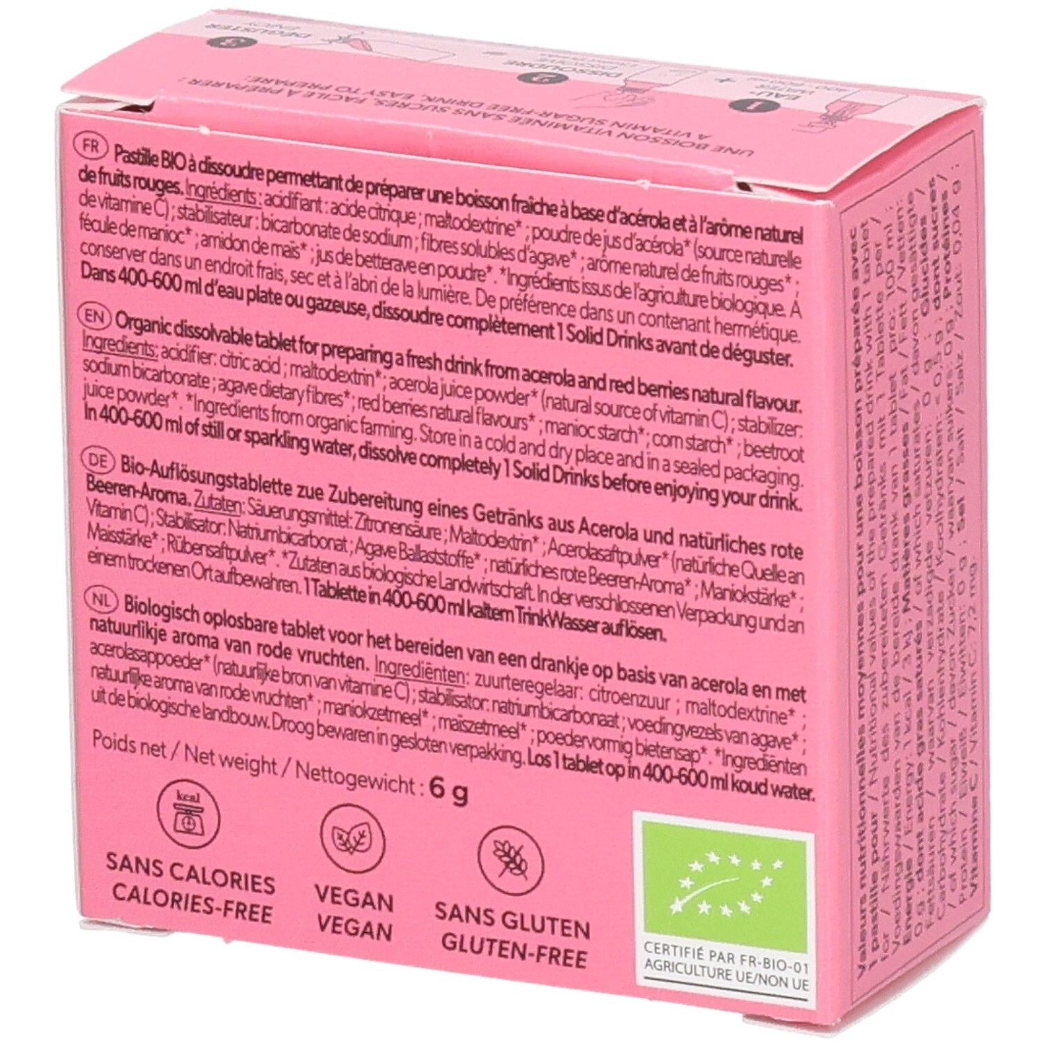 Rückseite der rosa Qwetch Solid Drinks Box. Text über Inhaltsstoffe und Anwendung. Vegan, glutenfrei.