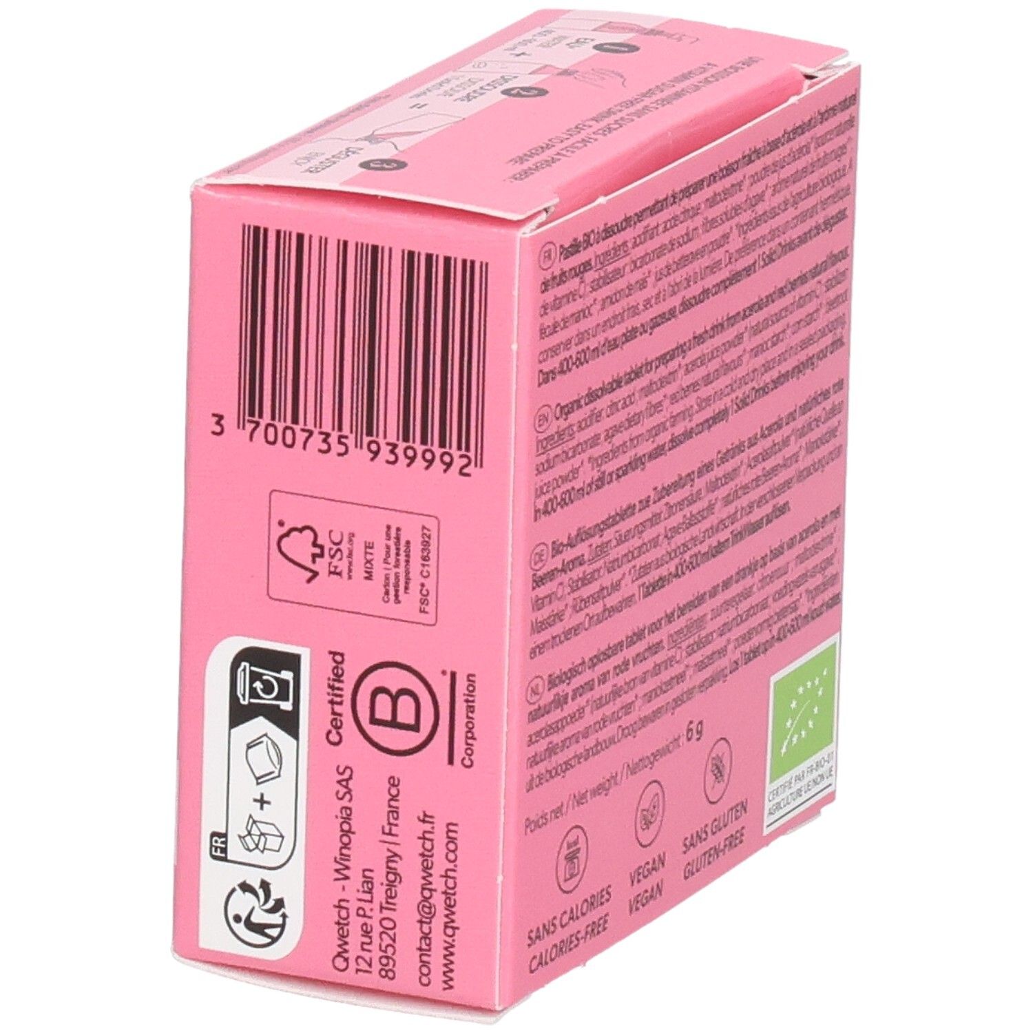 Rosa Qwetch Solid Drinks Box. Barcode, FSC-Zertifizierung, B Corporation-Logo, AB-Zertifizierung. Vegan, glutenfrei.