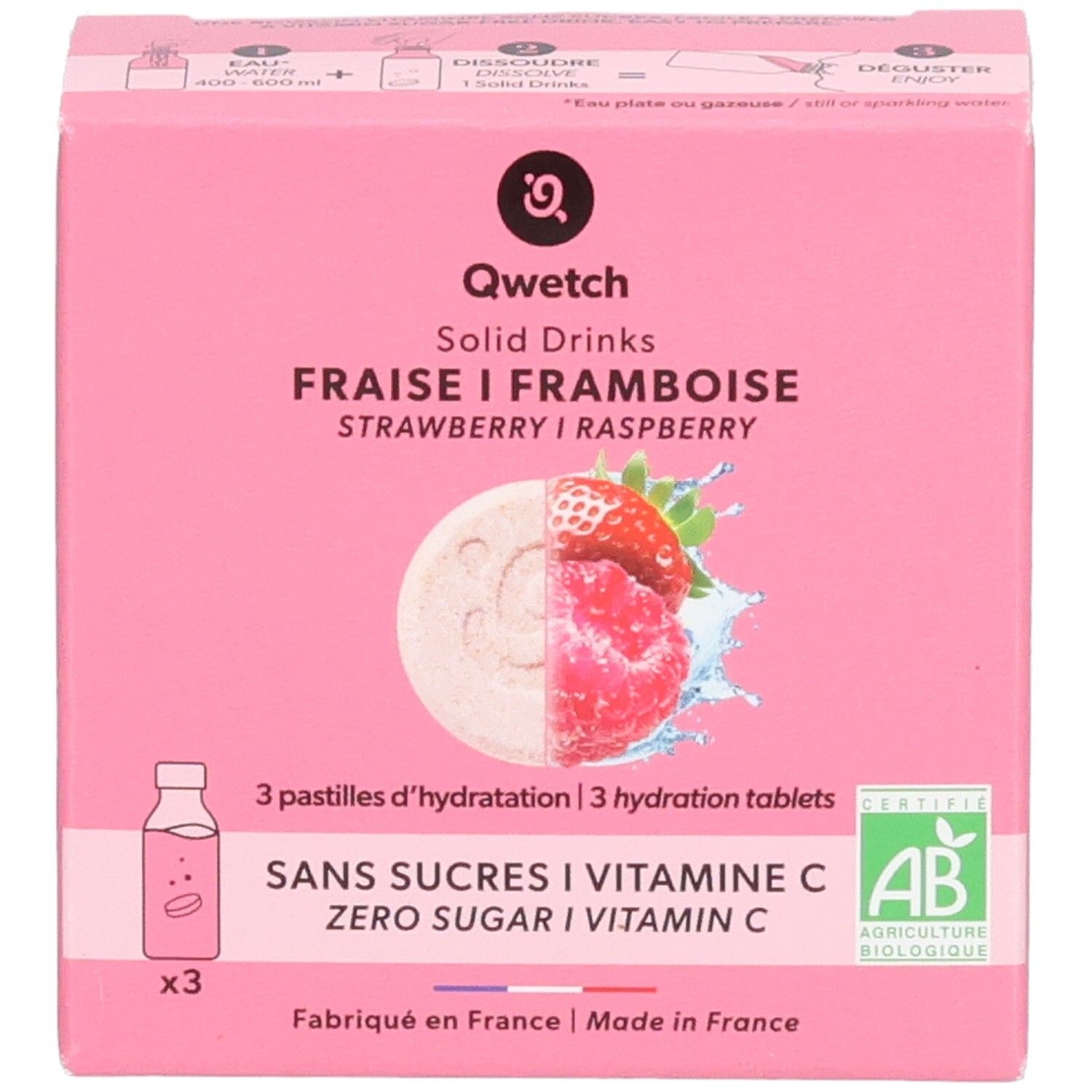 Rosa Qwetch Solid Drinks Box. Erdbeer-Himbeer-Geschmack. 3 Tabletten. Ohne Zucker, Vitamin C. AB-Zertifizierung.