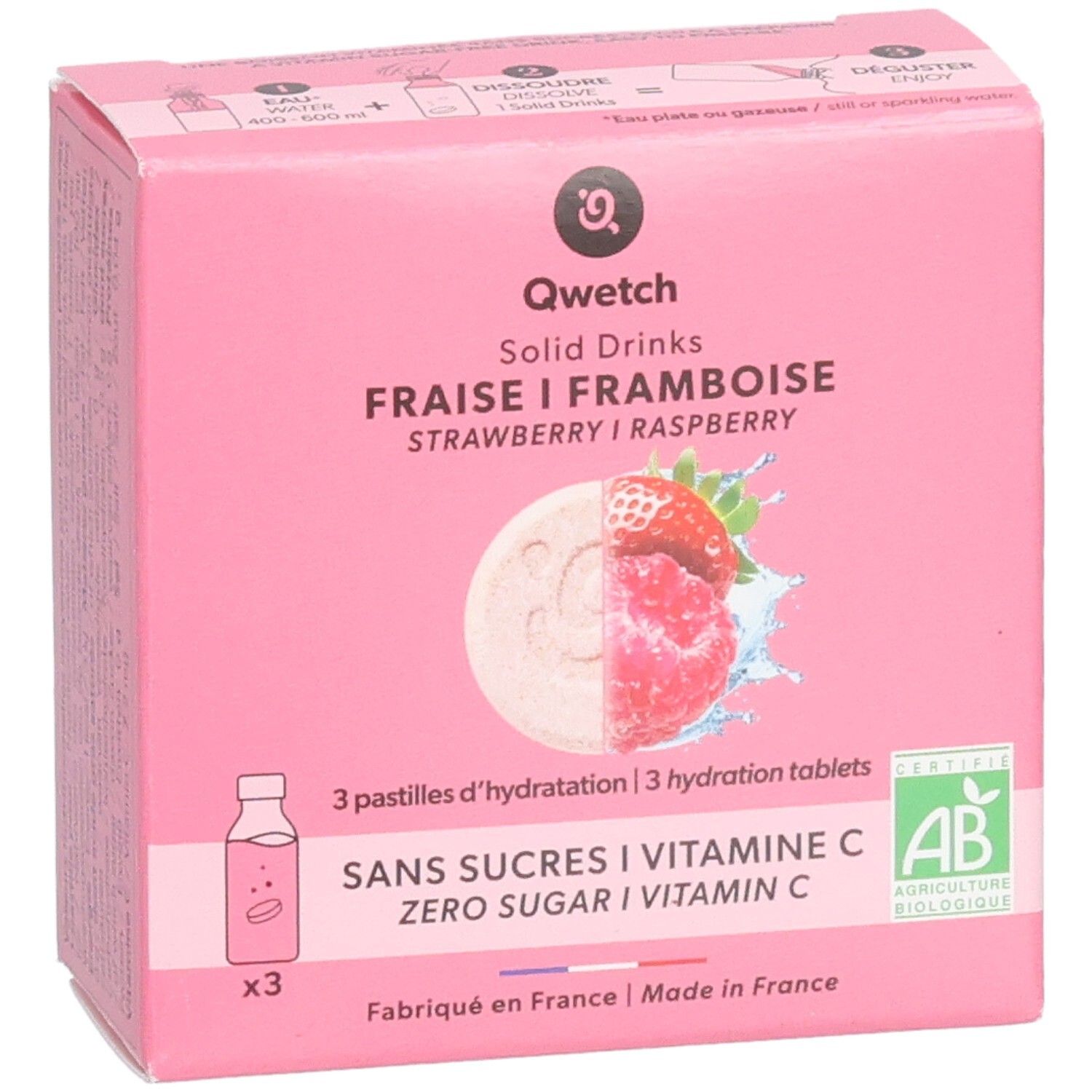 Rosa Qwetch Solid Drinks Box. Erdbeer-Himbeer-Geschmack. 3 Tabletten. Ohne Zucker, Vitamin C. AB-Zertifizierung.