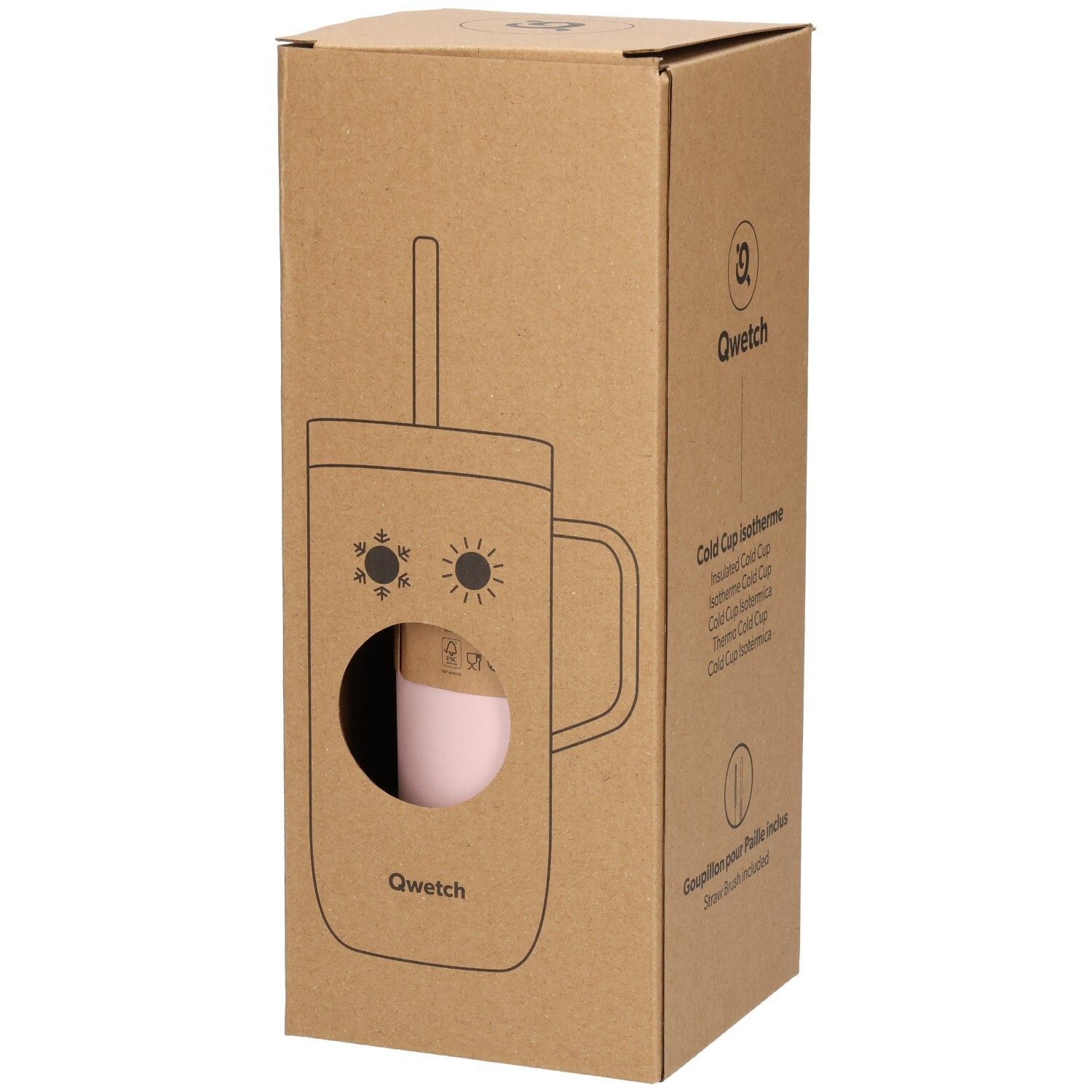 Emballage en carton avec dessin d'un gobelet rose avec anse et paille. Logo Qwetch et nom du produit.