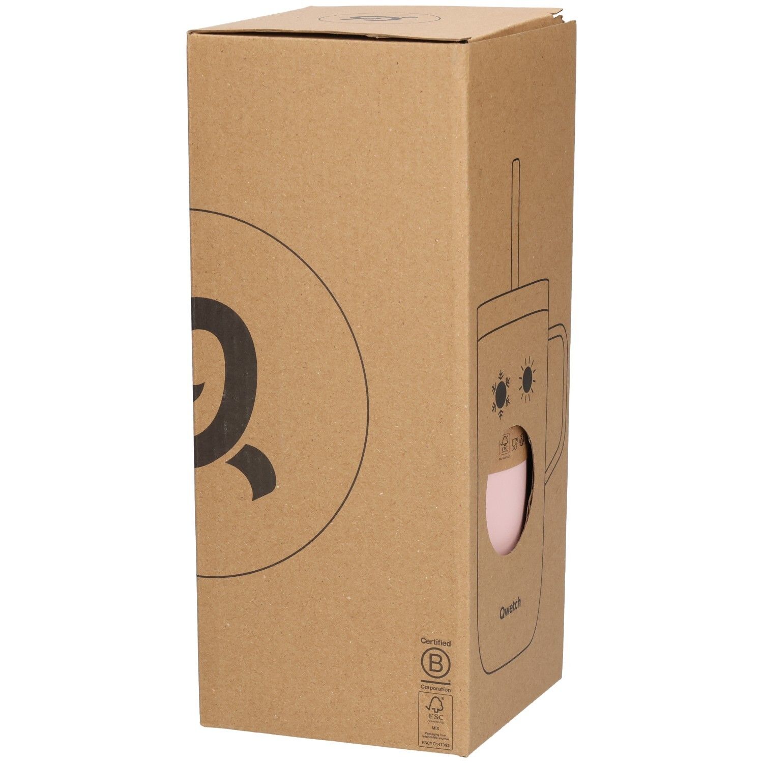 Emballage en carton avec logo Qwetch. Vue partielle d'un gobelet rose à travers une fenêtre ronde.