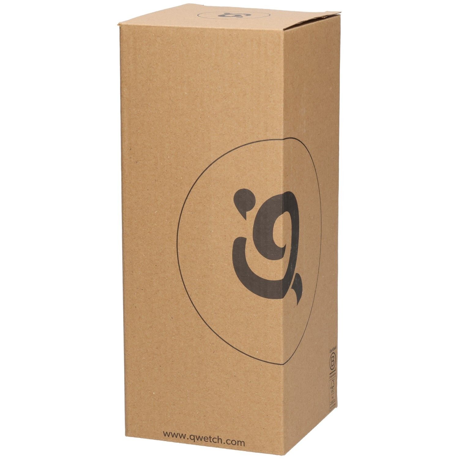 Emballage en carton haut avec logo Qwetch. Inscription www.qwetch.com.