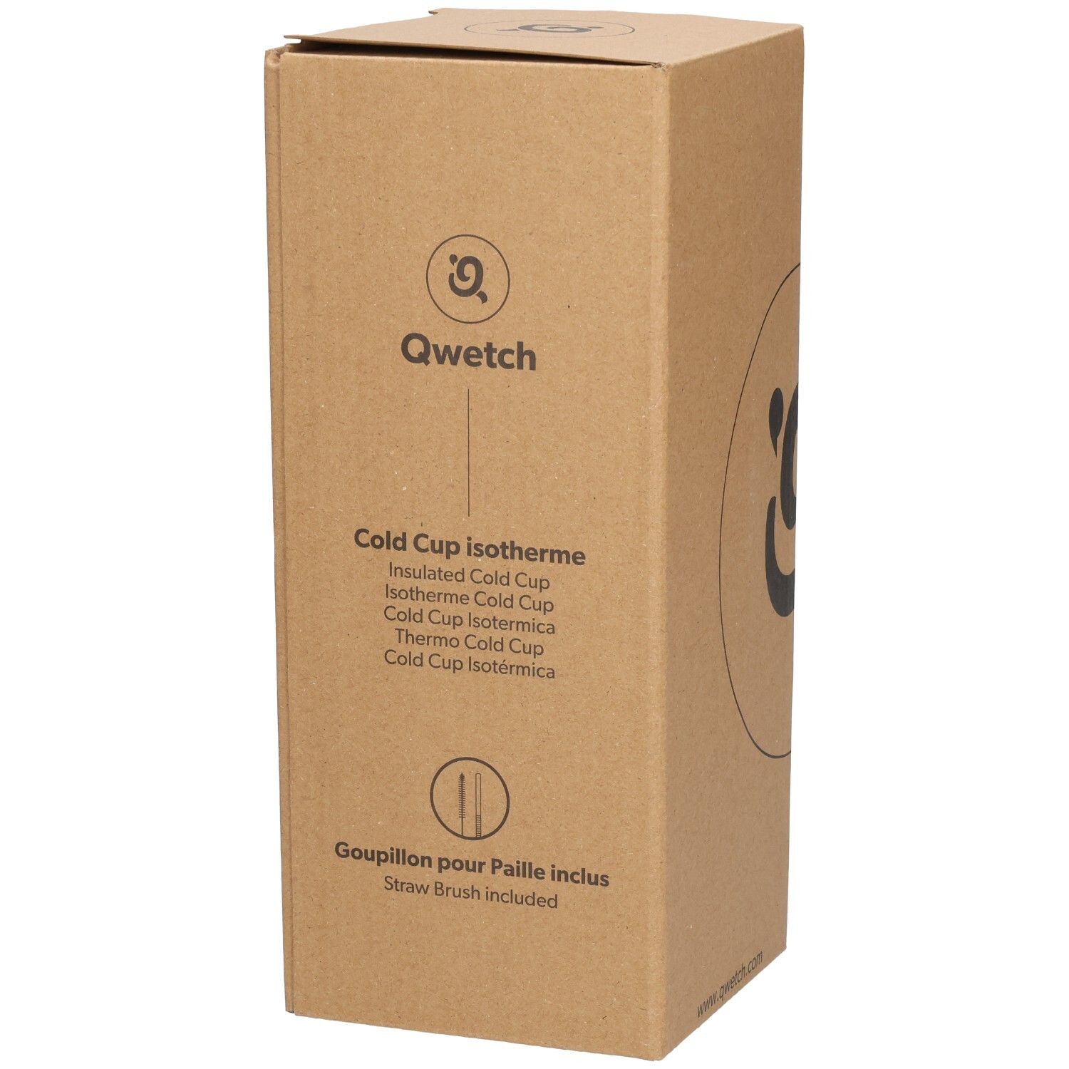 Emballage en carton avec logo Qwetch et informations sur le produit. Comprend une paille.