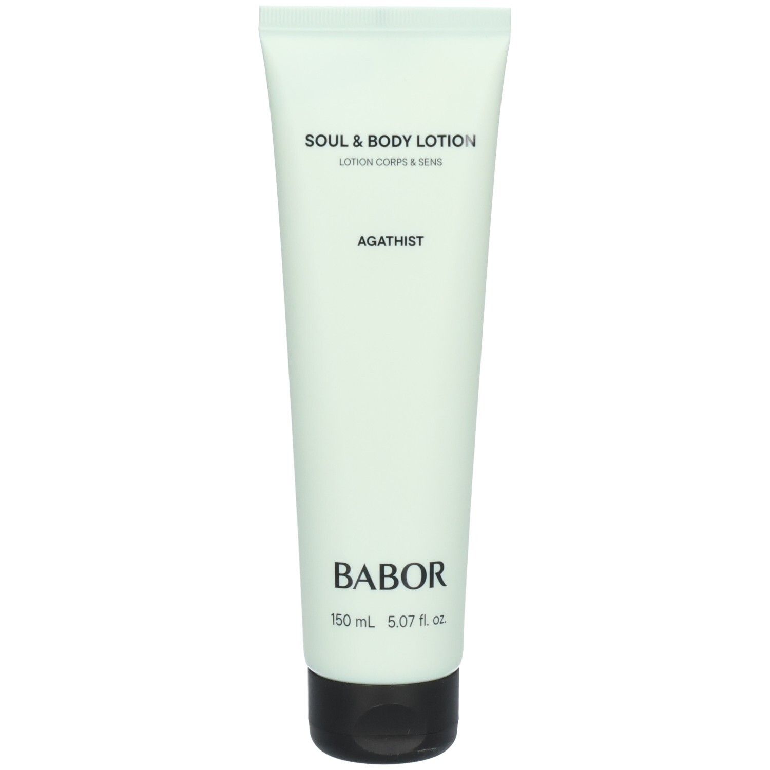 Hellgrüne Tube mit schwarzem Deckel. Aufschrift: Soul & Body Lotion, Agathist, Babor. Volumenangabe: 150 ml, 5.07 fl. oz.