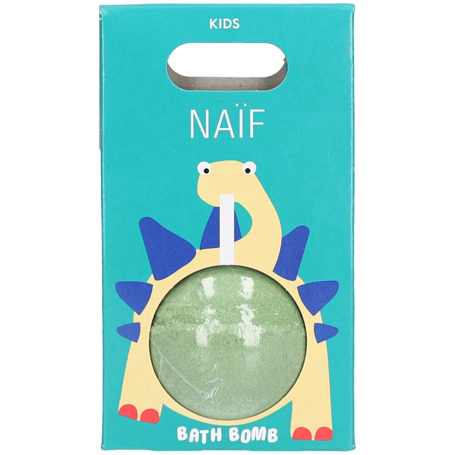 Grüne Badebombe in Verpackung mit Dinosaurier-Illustration. Türkisfarbene Verpackung mit Griffloch. Aufschrift: NAÏF, BATH BOMB.