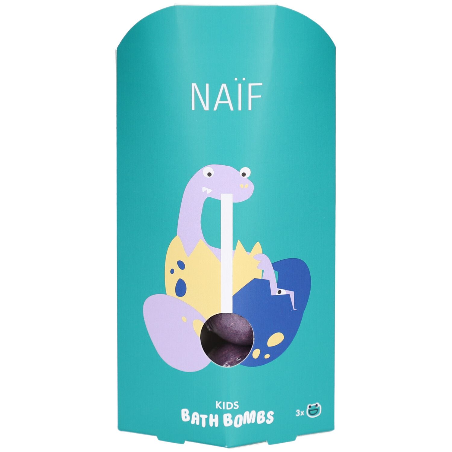 Emballage turquoise Naïf avec illustration de dinosaure. Contient des bombes de bain. Inscription : Kids Bath Bombs.