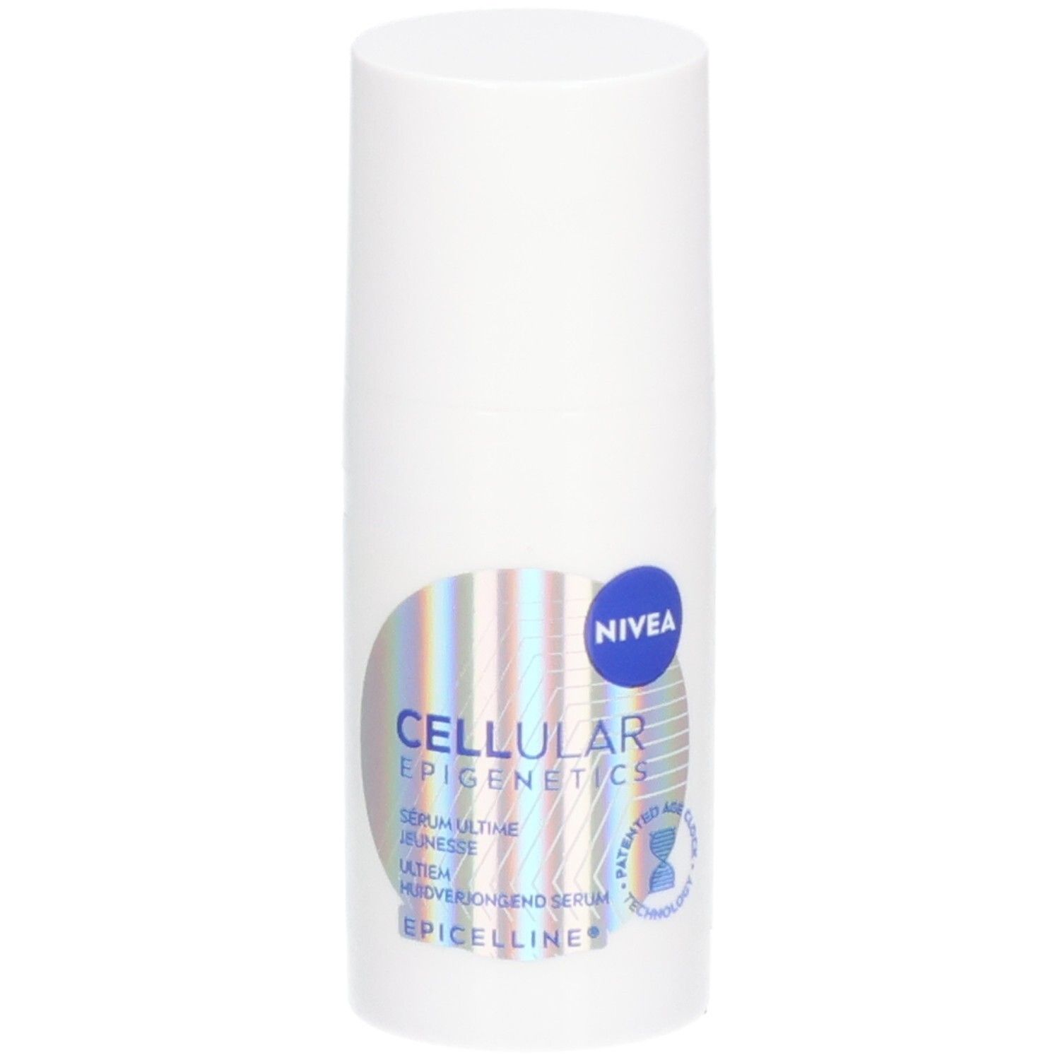 Weiße Flasche mit NIVEA Cellular Epigenetics Serum. Aufkleber mit Produktnamen und Logo. Blaue und silberne Farbakzente.