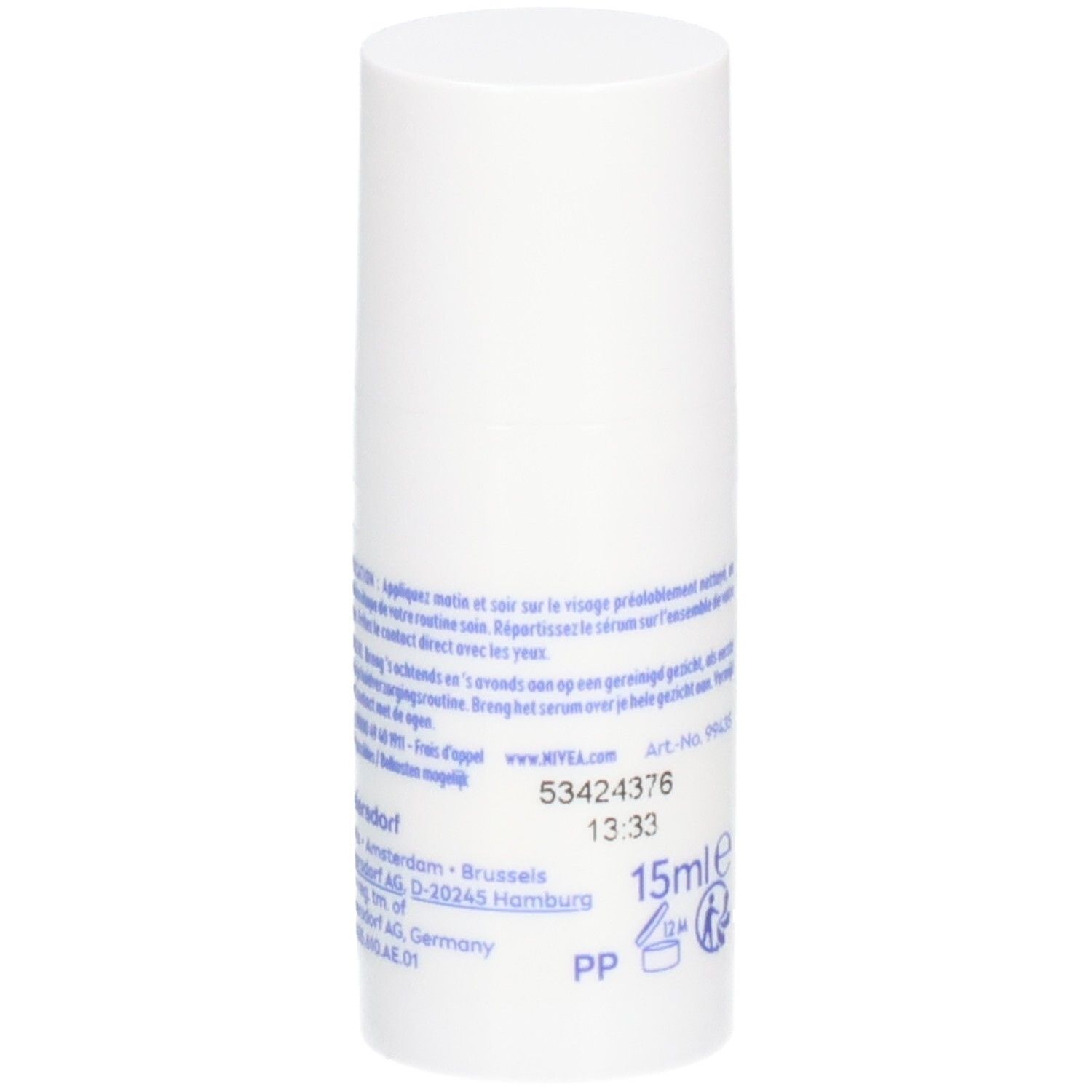 Weiße Flasche mit Produktinformationen. Text in mehreren Sprachen. Enthält Informationen zu Inhaltsstoffen und Anwendung.