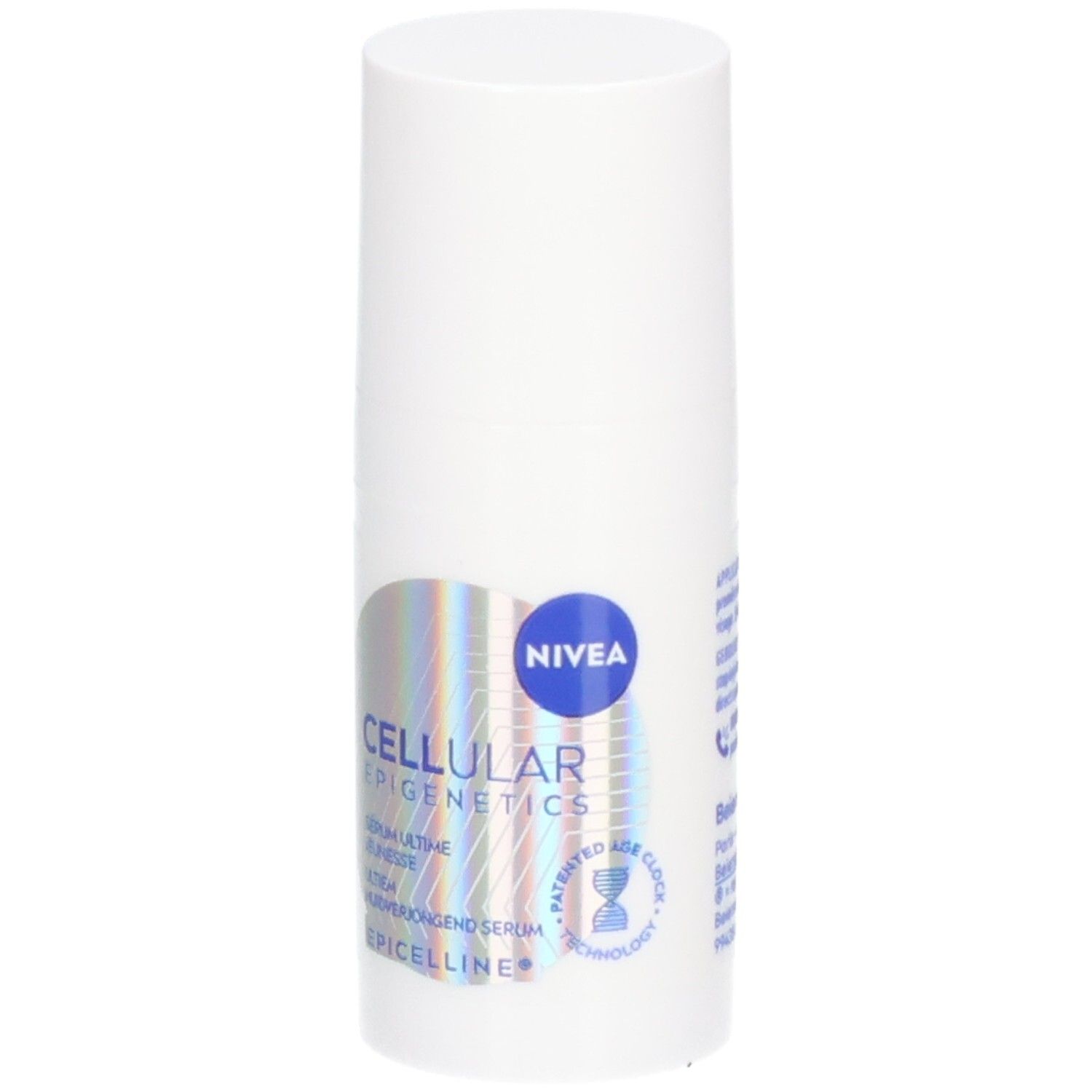 Weiße Flasche mit NIVEA Cellular Epigenetics Serum. Aufkleber mit Produktnamen und Logo. Blaue und silberne Farbakzente.