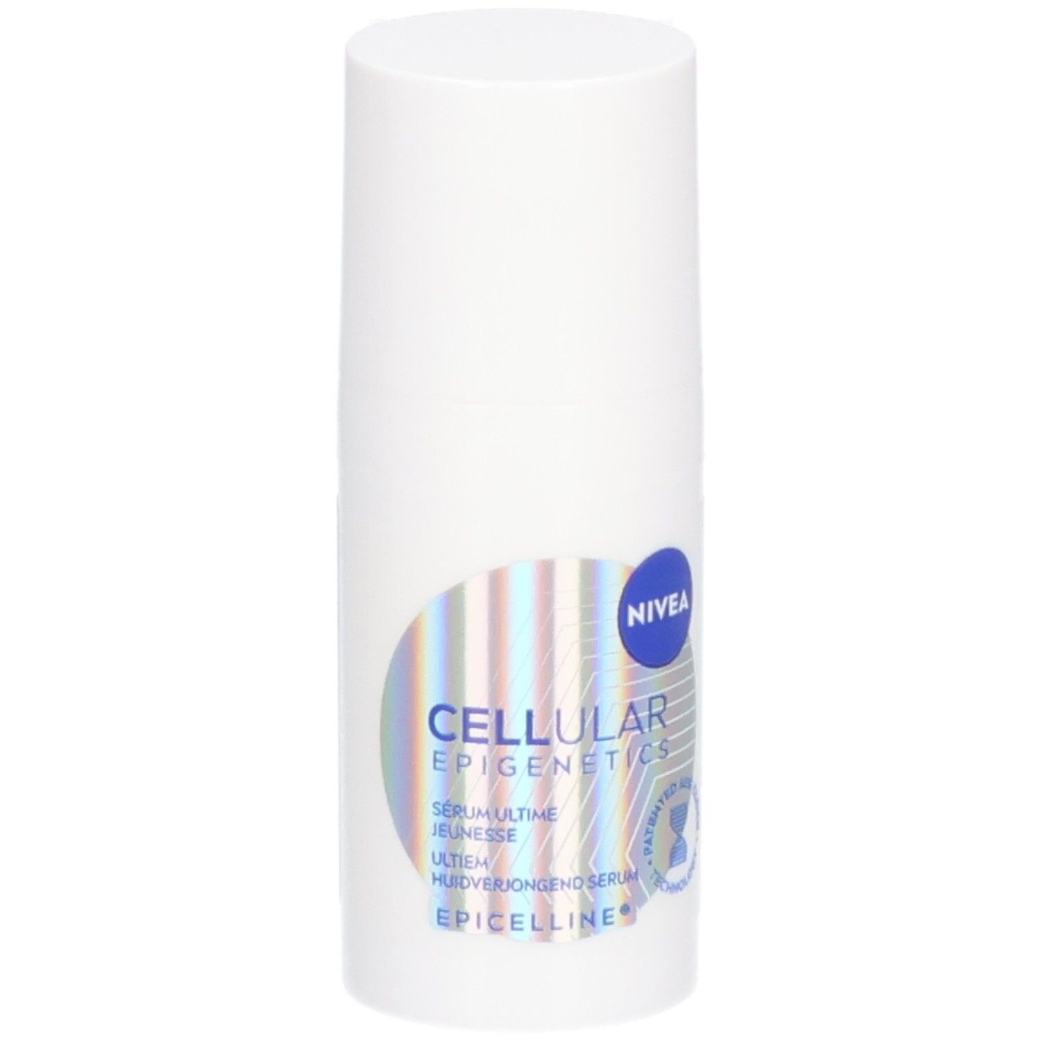 Weiße Flasche mit NIVEA Cellular Epigenetics Serum. Aufkleber mit Produktnamen und Logo. Blaue und silberne Farbakzente.