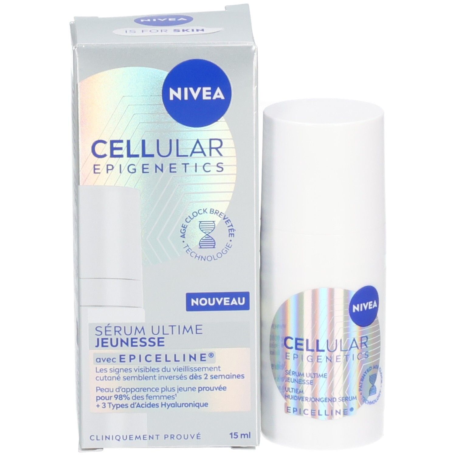 NIVEA Cellular Epigenetics Serum Ultime Jeunesse, Flasche und Verpackung. Verpackung mit Produktnamen, Logo und Informationen.