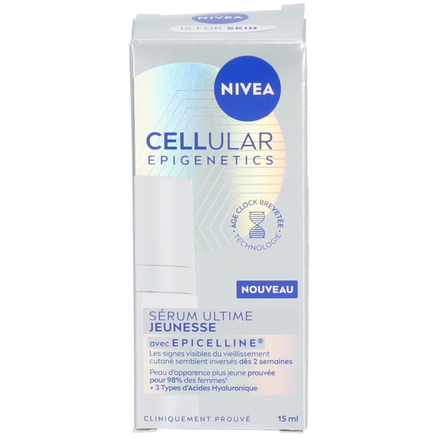Verpackung von NIVEA Cellular Epigenetics Serum Ultime Jeunesse. Produktname, Logo und Informationen auf der Verpackung.