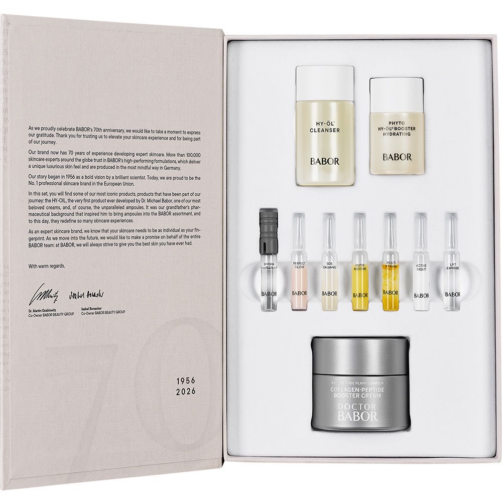 Coffret cadeau ouvert avec produits. Contient flacons, ampoules et crème. Marque BABOR.