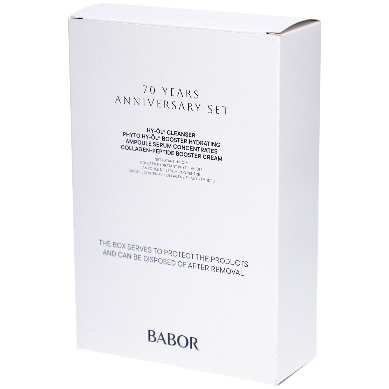 Weißer Karton mit Aufdruck. Enthält Schriftzug „70 YEARS ANNIVERSARY SET“ und Produktnamen. Marke BABOR.