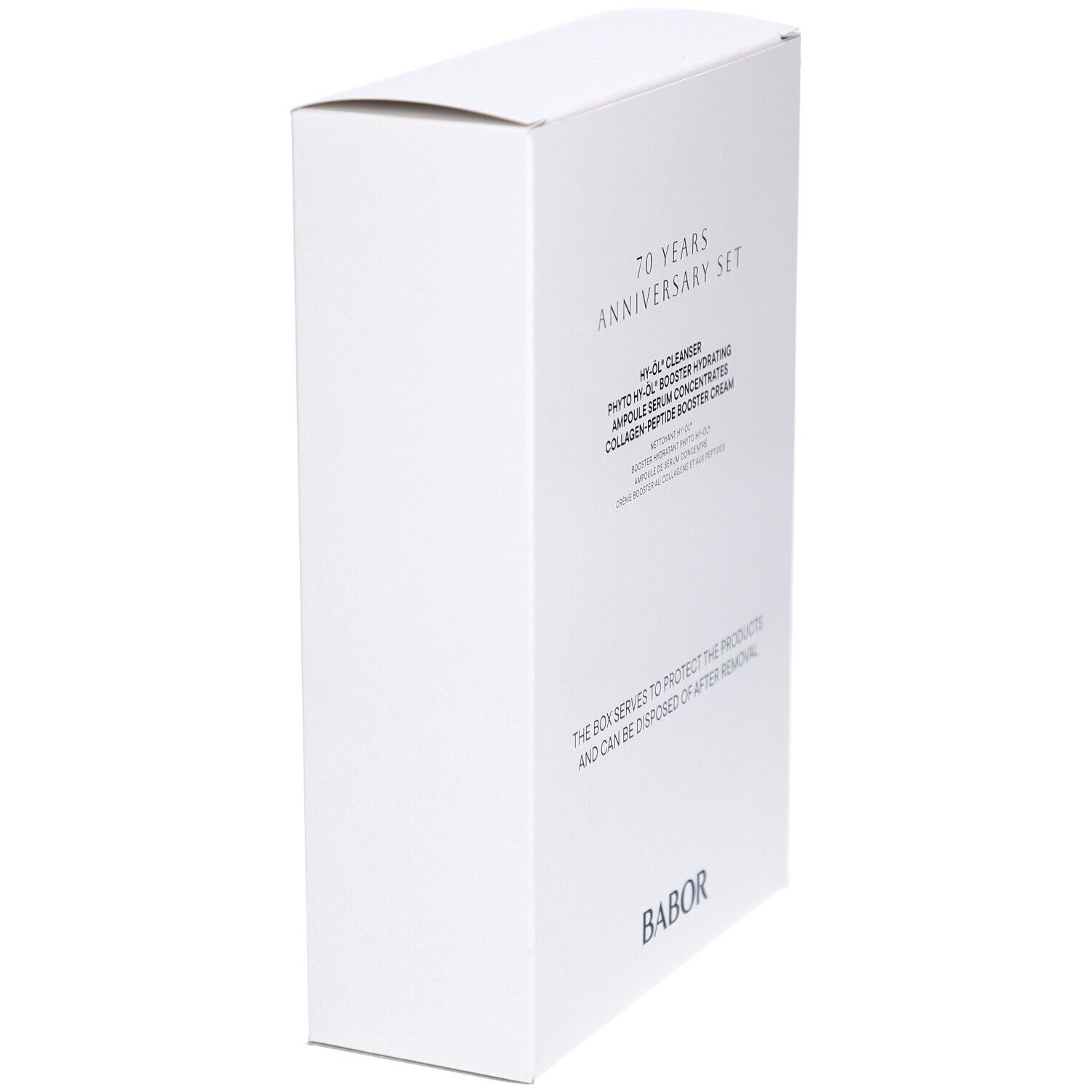 Weißer Karton, schräg gestellt. Aufdruck mit Produktnamen und Marke BABOR. Text: „70 YEARS ANNIVERSARY SET“.