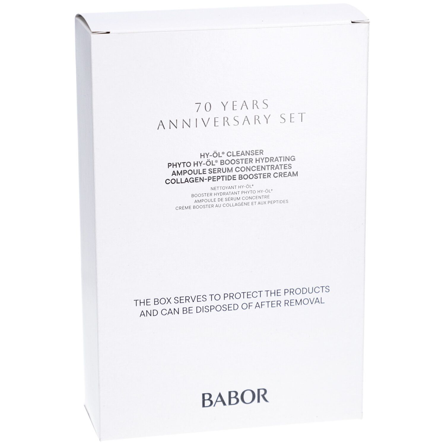Weißer Karton mit Aufdruck. Enthält Schriftzug „70 YEARS ANNIVERSARY SET“ und Produktnamen. Marke BABOR.