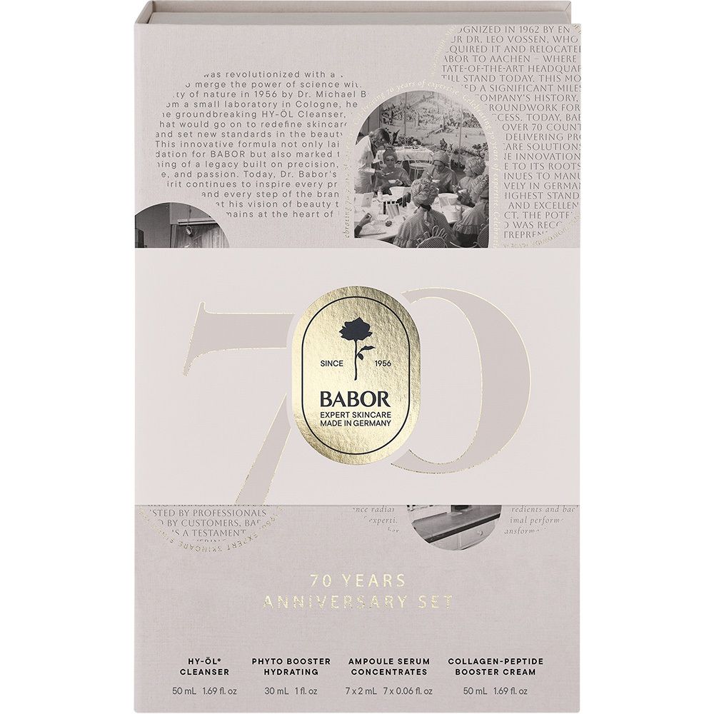 Coffret cadeau ouvert avec produits. Contient flacons, ampoules et crème. Marque BABOR.