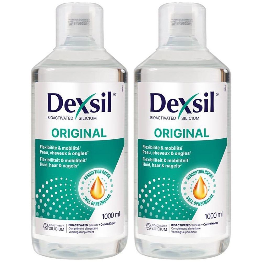 Zwei Flaschen mit Etikett. Aufschrift: DexSil Original, Bio-aktiviertes Silicium. Flexible Haut, Haare, Nägel. 1000 ml.