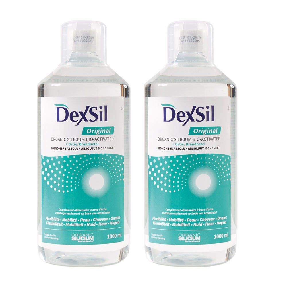 Deux flacons de DexSil Original. Liquide clair dans des bouteilles transparentes avec étiquette. Inscription : Organic Silicium Bio-activé.
