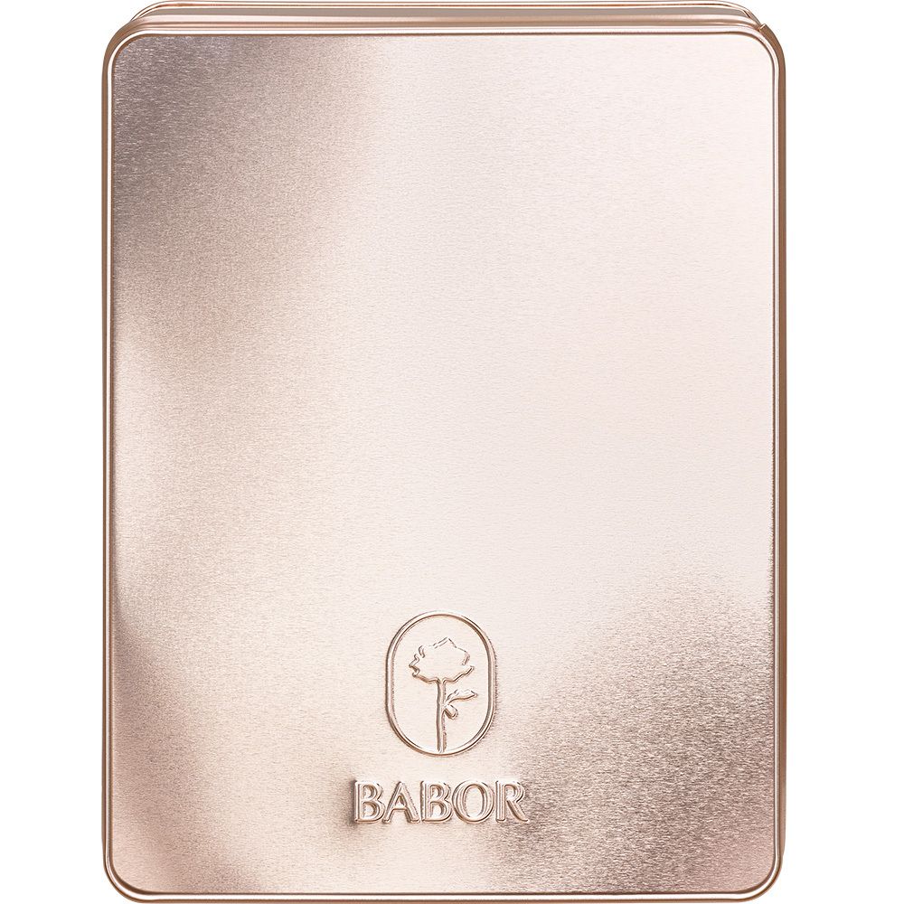Roséfarbene, rechteckige Dose mit abgerundeten Ecken. Geprägt: Babor-Logo mit Rose.