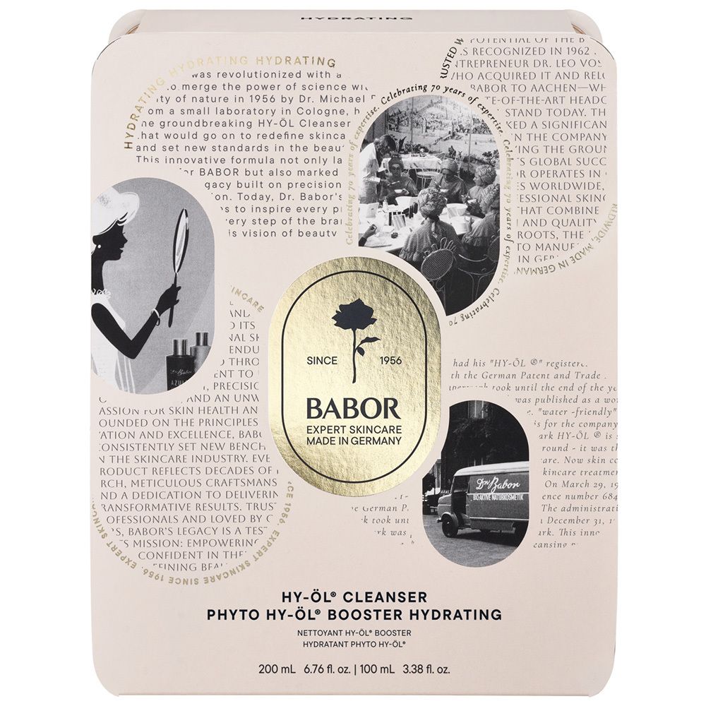 Emballage avec texte et illustrations. Logo : Babor, rose. Texte : HY-ÖL® Cleanser, Phyto HY-ÖL® Booster Hydrating.