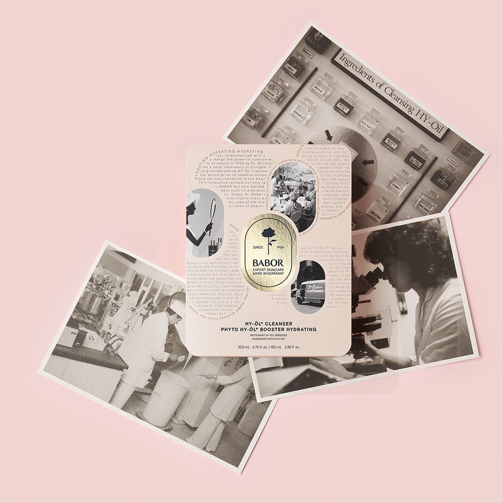 Coffret cadeau avec emballage et photos. Emballage avec texte et logo : Babor, rose. Photos de laboratoire et de personnes.
