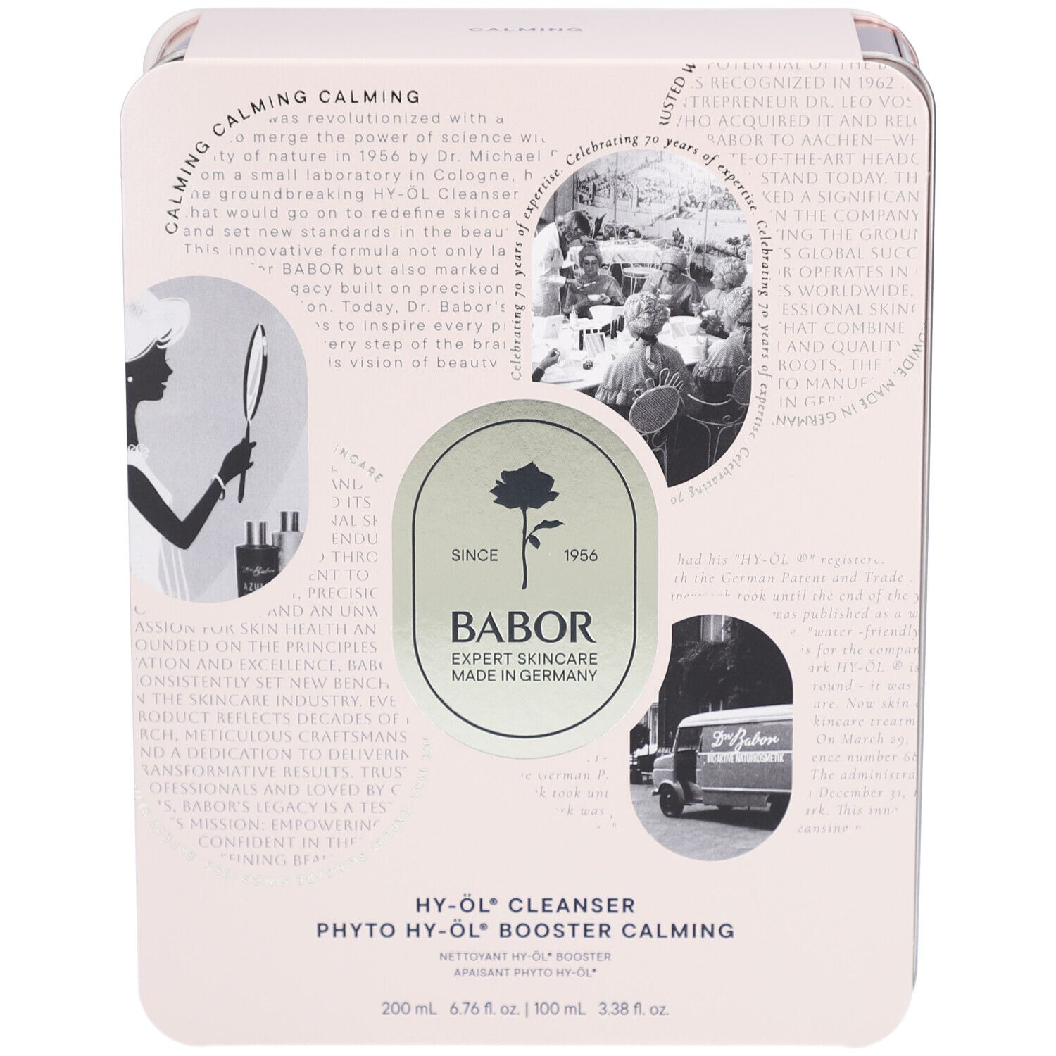 Verpackung mit Text und Logo. Aufschrift: HY-ÖL Cleanser, Phyto HY-ÖL Booster Calming. Marke: Babor.