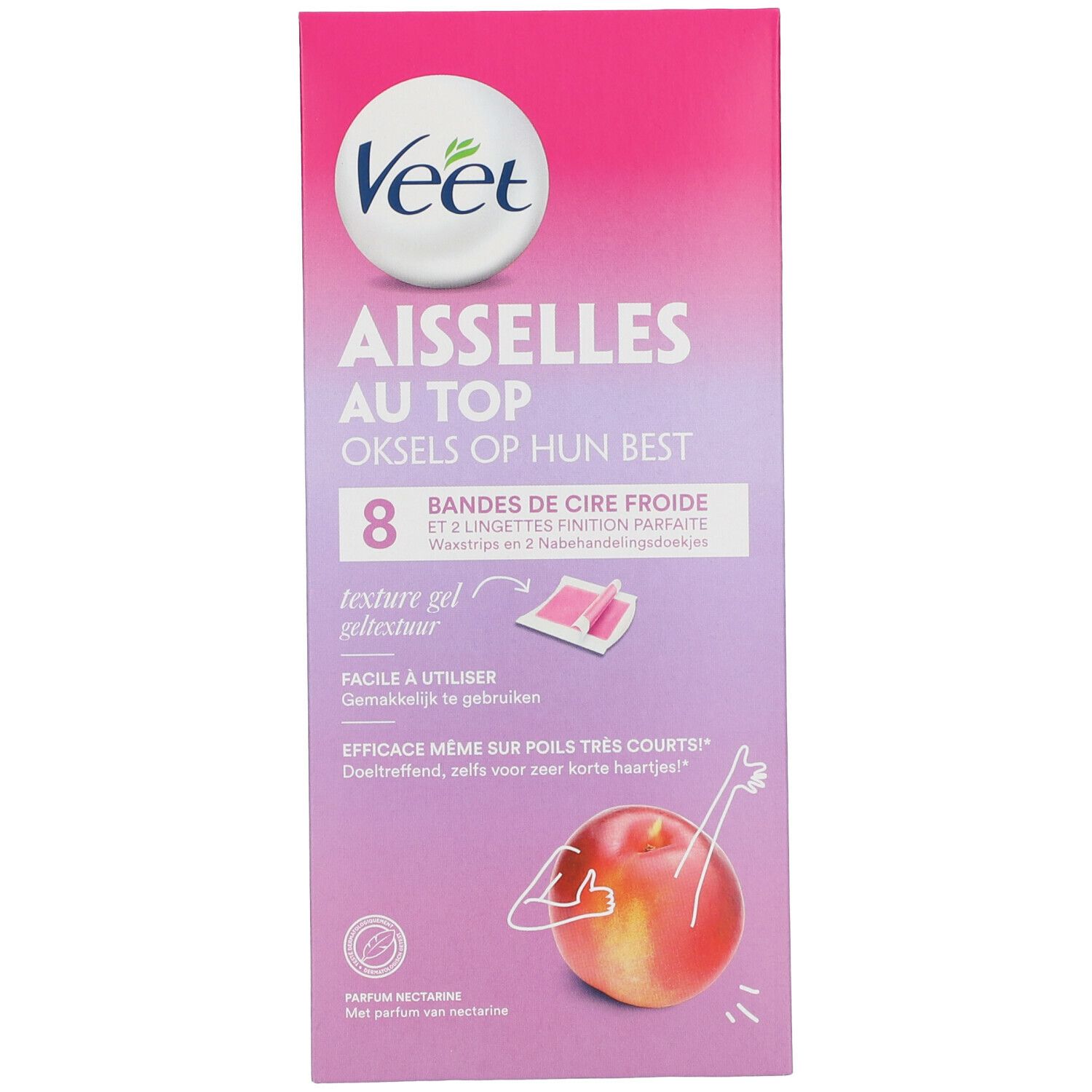 Verpackung mit Wachsstreifen. Rosa-weißes Design mit Produktnamen und Text. Abbildung einer Nektarine.