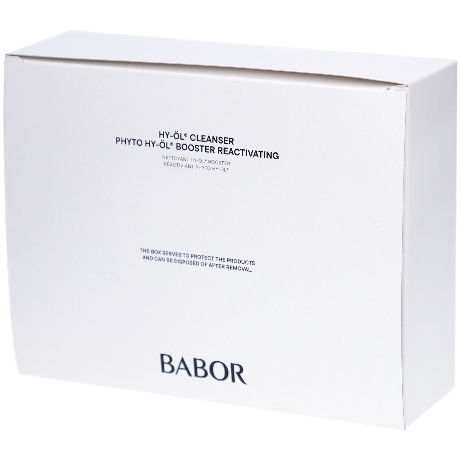 Weiße Produktverpackung. Aufschrift: HY-ÖL CLEANSER, PHYTO HY-ÖL BOOSTER REACTIVATING. Marke BABOR.