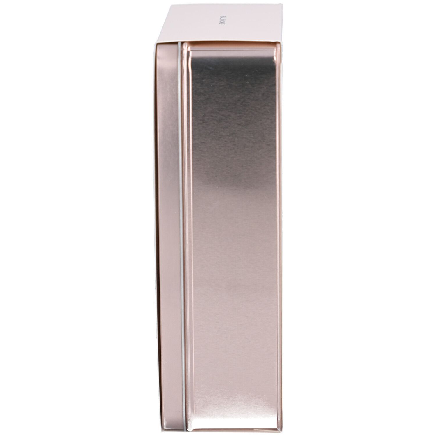 Metallbox, rosa-goldfarben, rechteckig. Seitliche Ansicht. Deckel geschlossen.