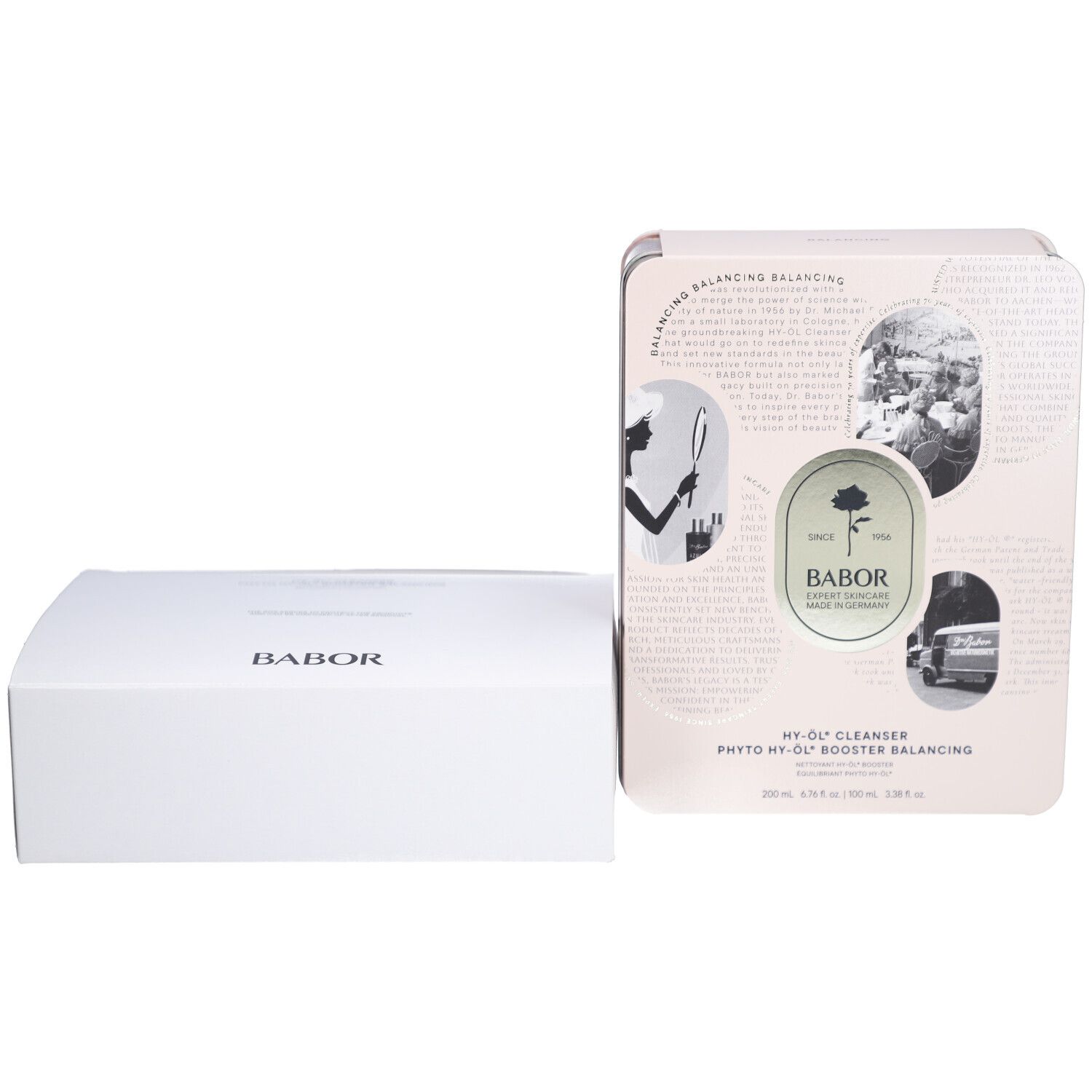 Geöffnete Metallbox und weiße Pappschachtel. Box mit Logo und Text: HY-ÖL® Cleanser, Phyto HY-ÖL® Booster Balancing.
