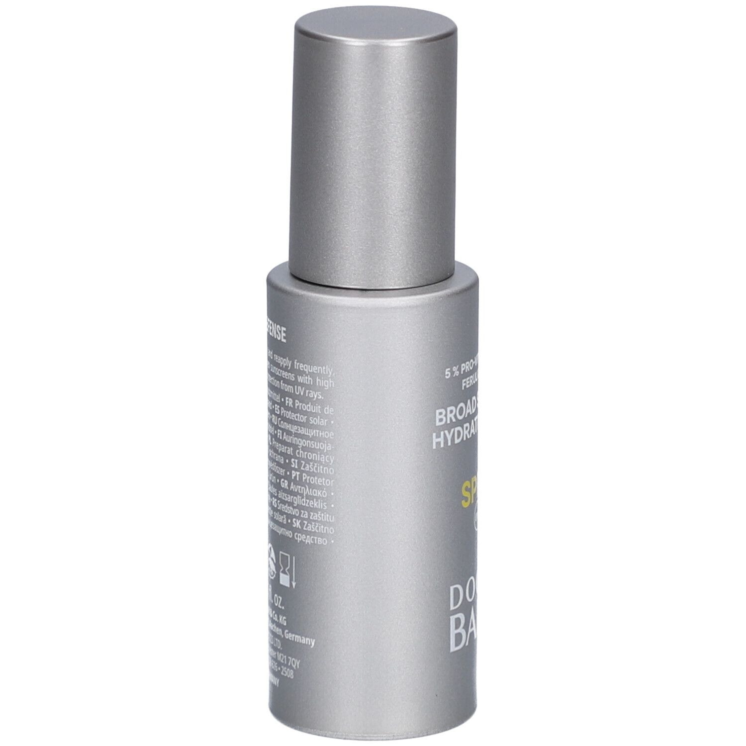 Silberne Flasche mit Dosierkopf. Text: SPF 50+, Doctor Babor.